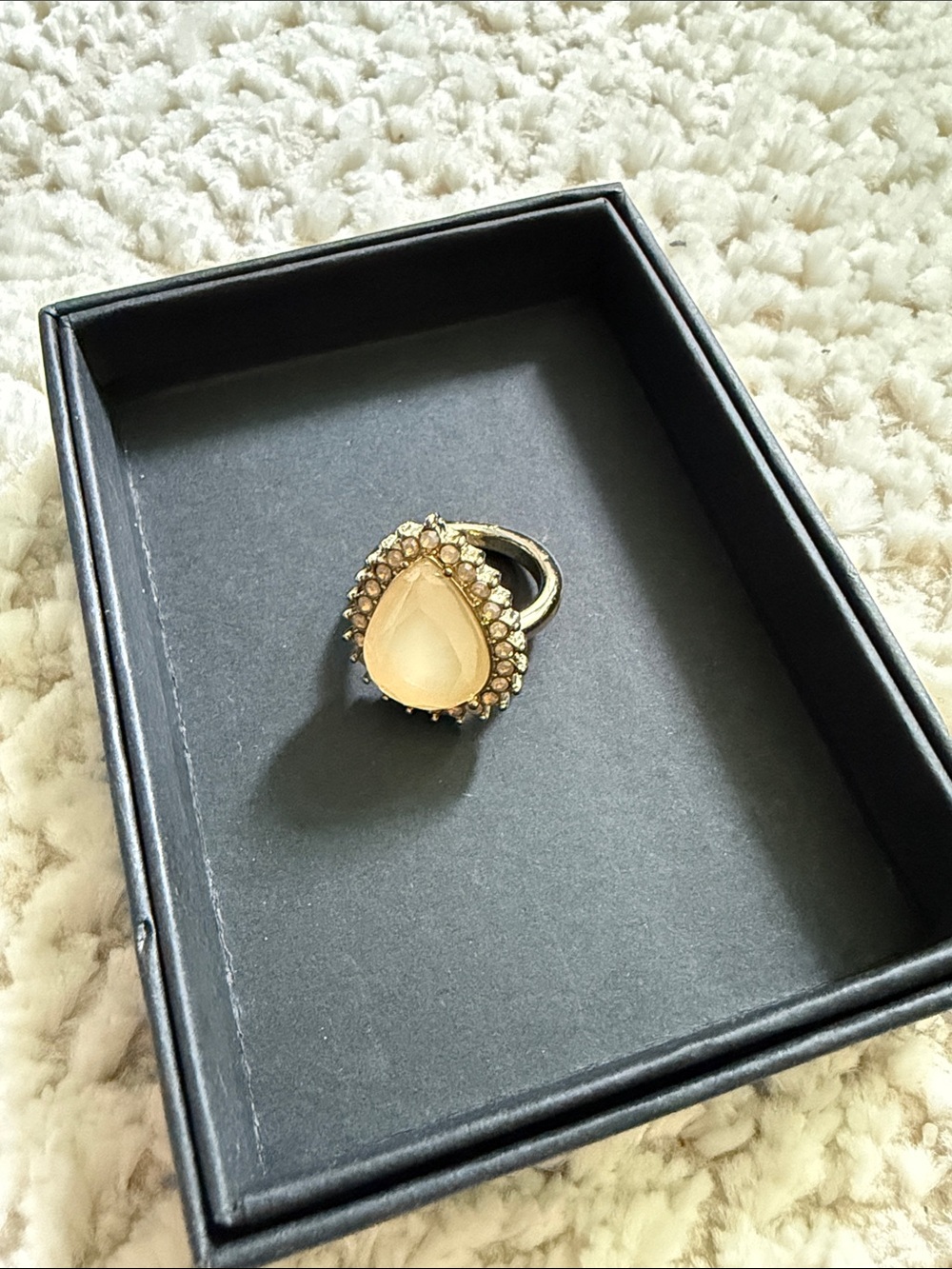 Gold Ring with Cream Teardrop Stone and Crystal Halo